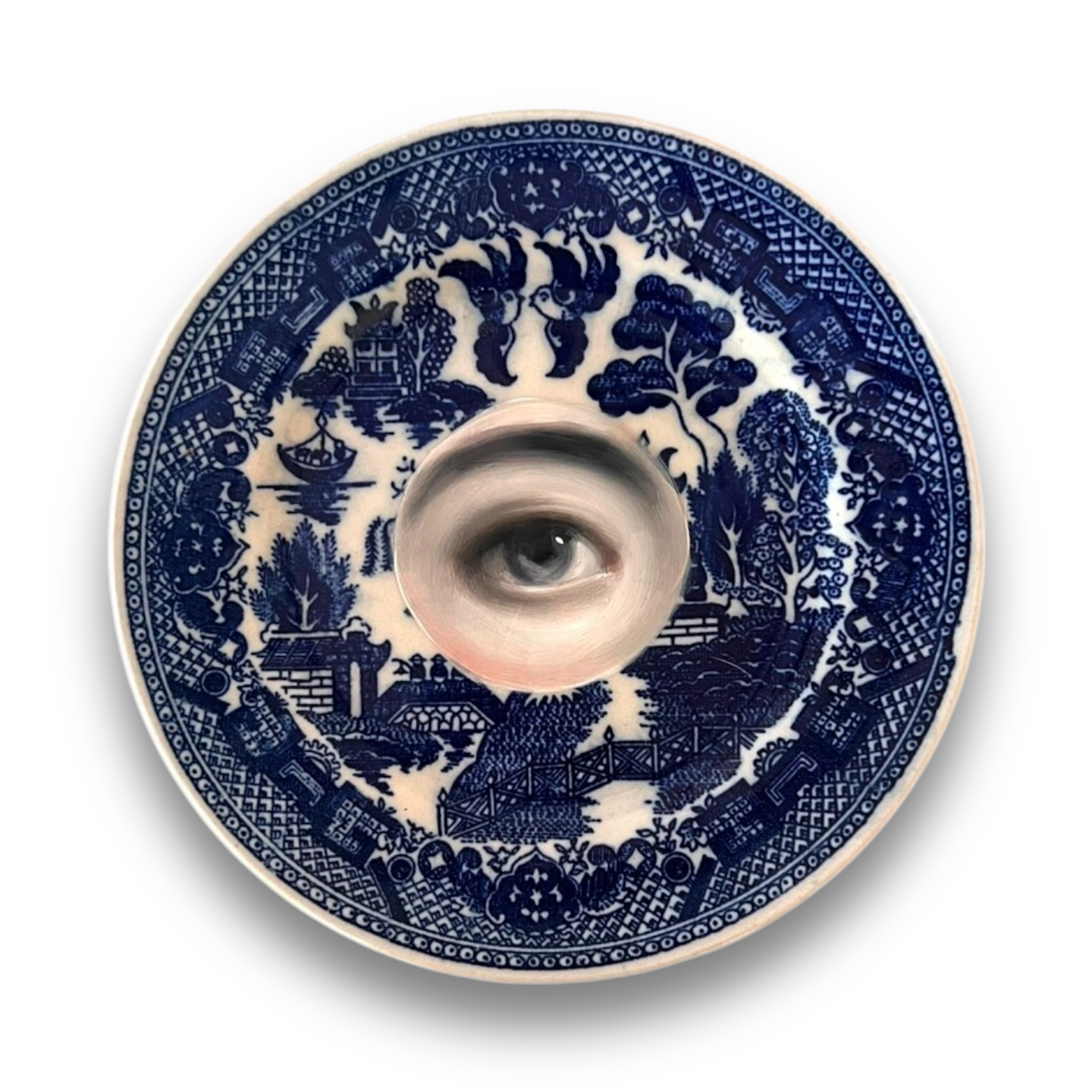 No. 2861 Lover's Eye Painting on a Chinoiserie Blue Willow Plate
