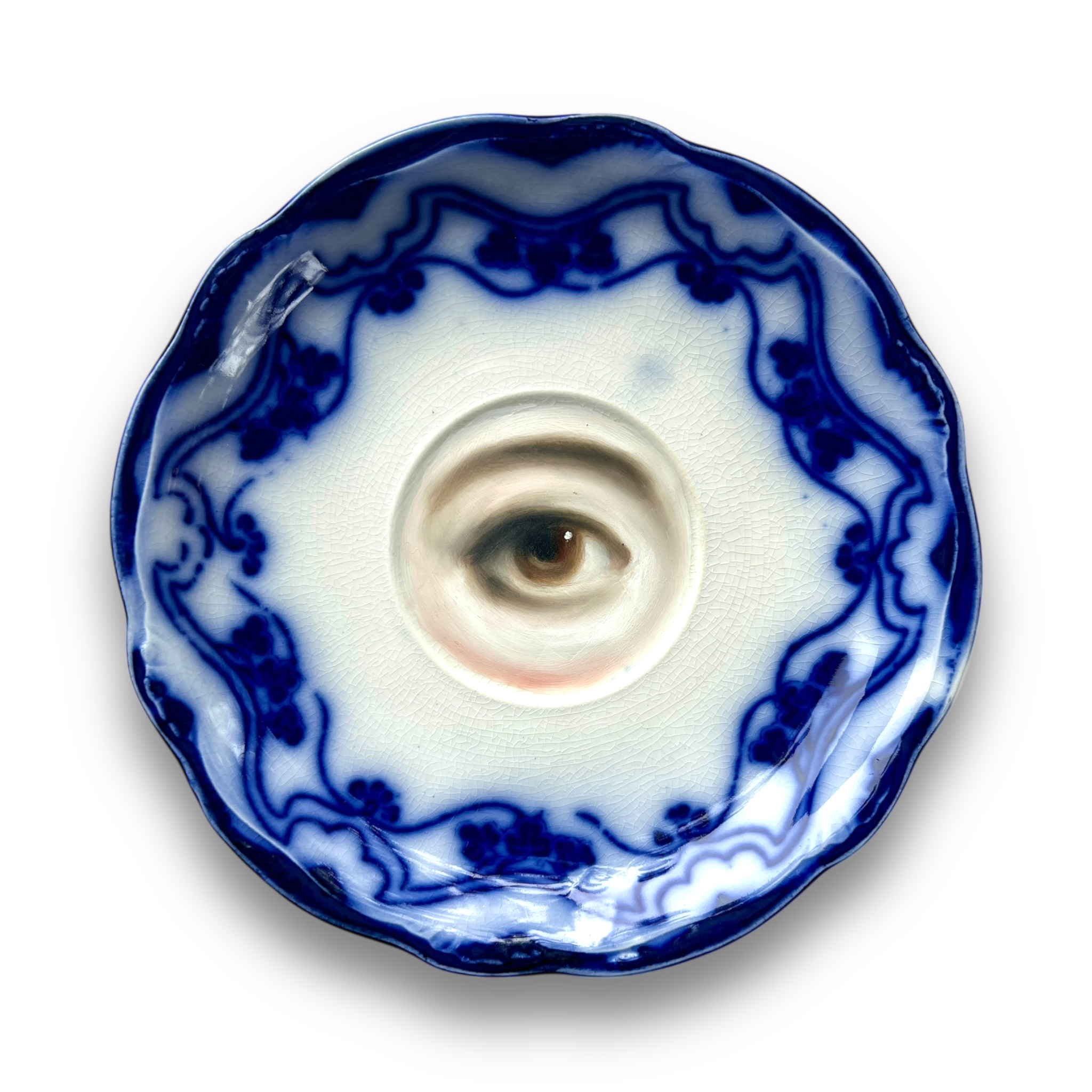 No. 3065 Lover's Eye Painting on an English Art Nouveau Blue & White Plate