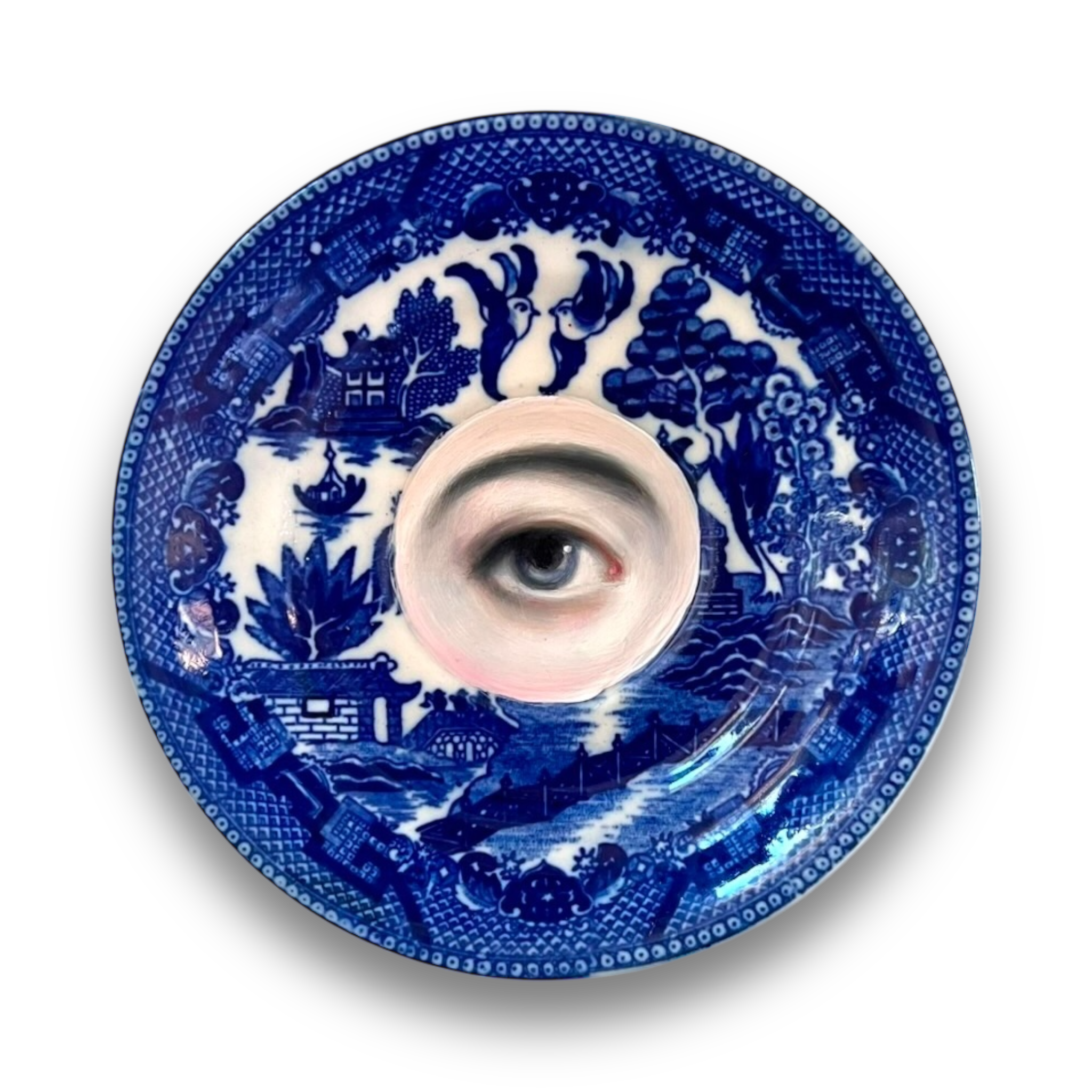 No. 2836 Lover's Eye Painting on a Chinoiserie Blue Willow Plate