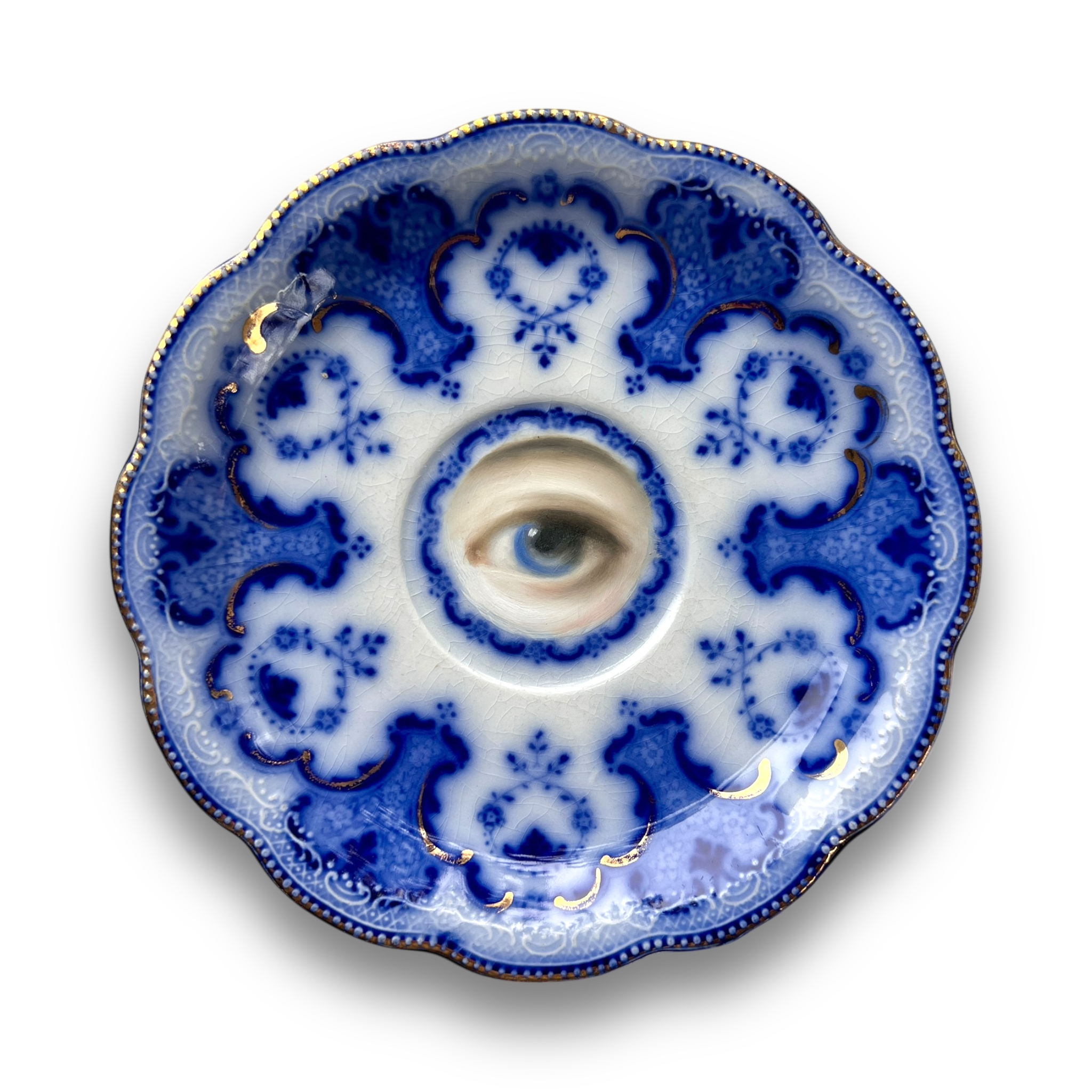 No. 3063 Lover's Eye Painting on an English Victorian Blue & White Plate