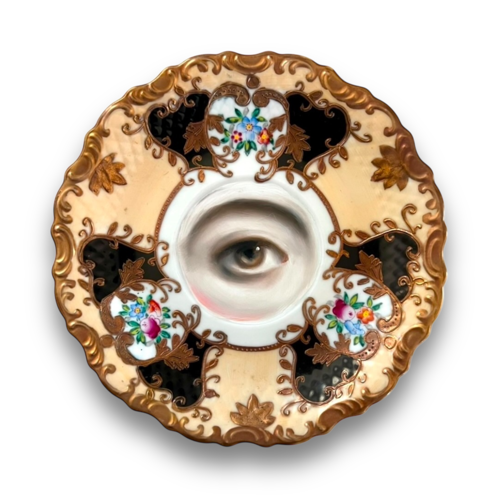 No. 2833 Lover's Eye Painting on a Cream, Black, and Gold Plate
