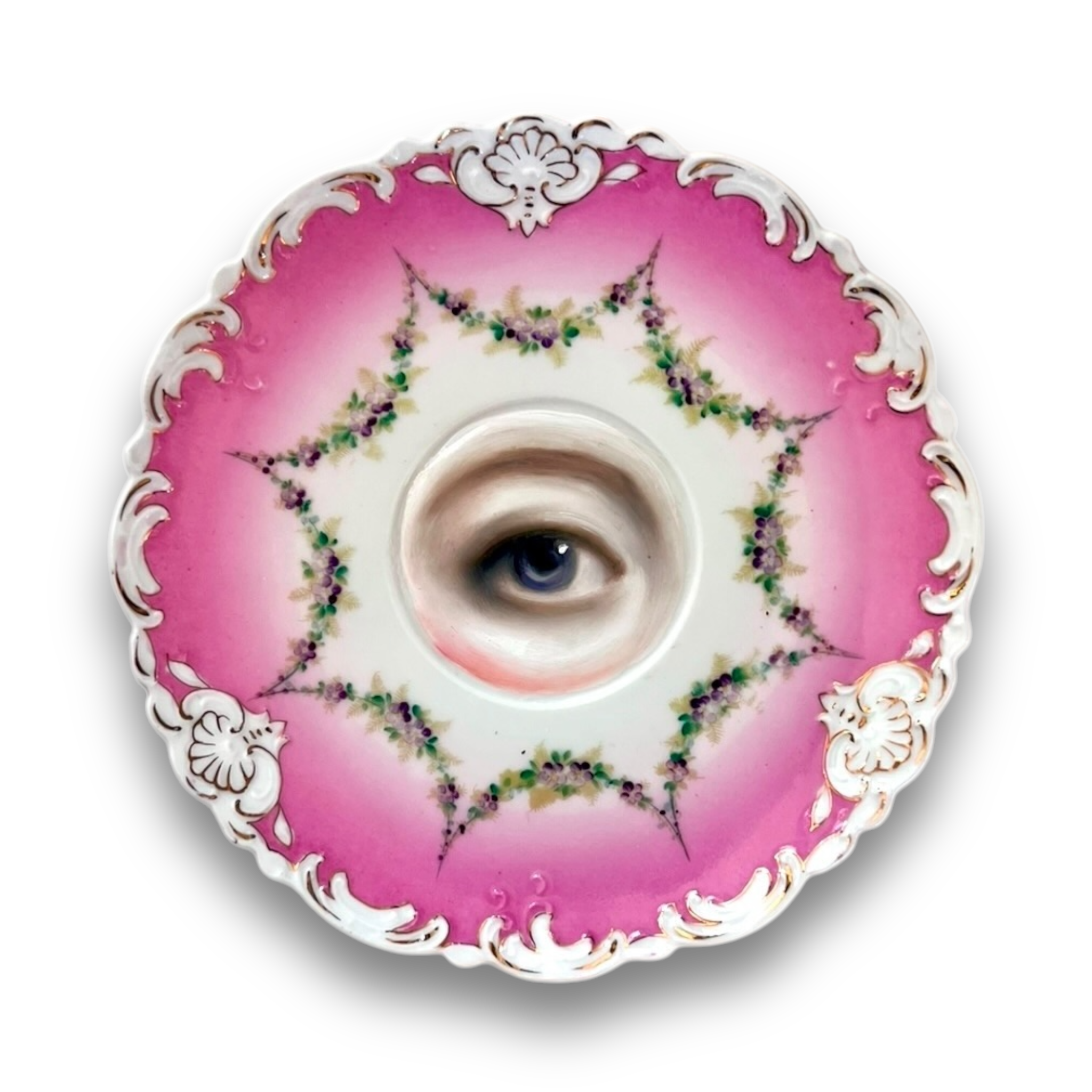 No. 2839 Lover's Eye Painting on a Pink Floral Garland Plate