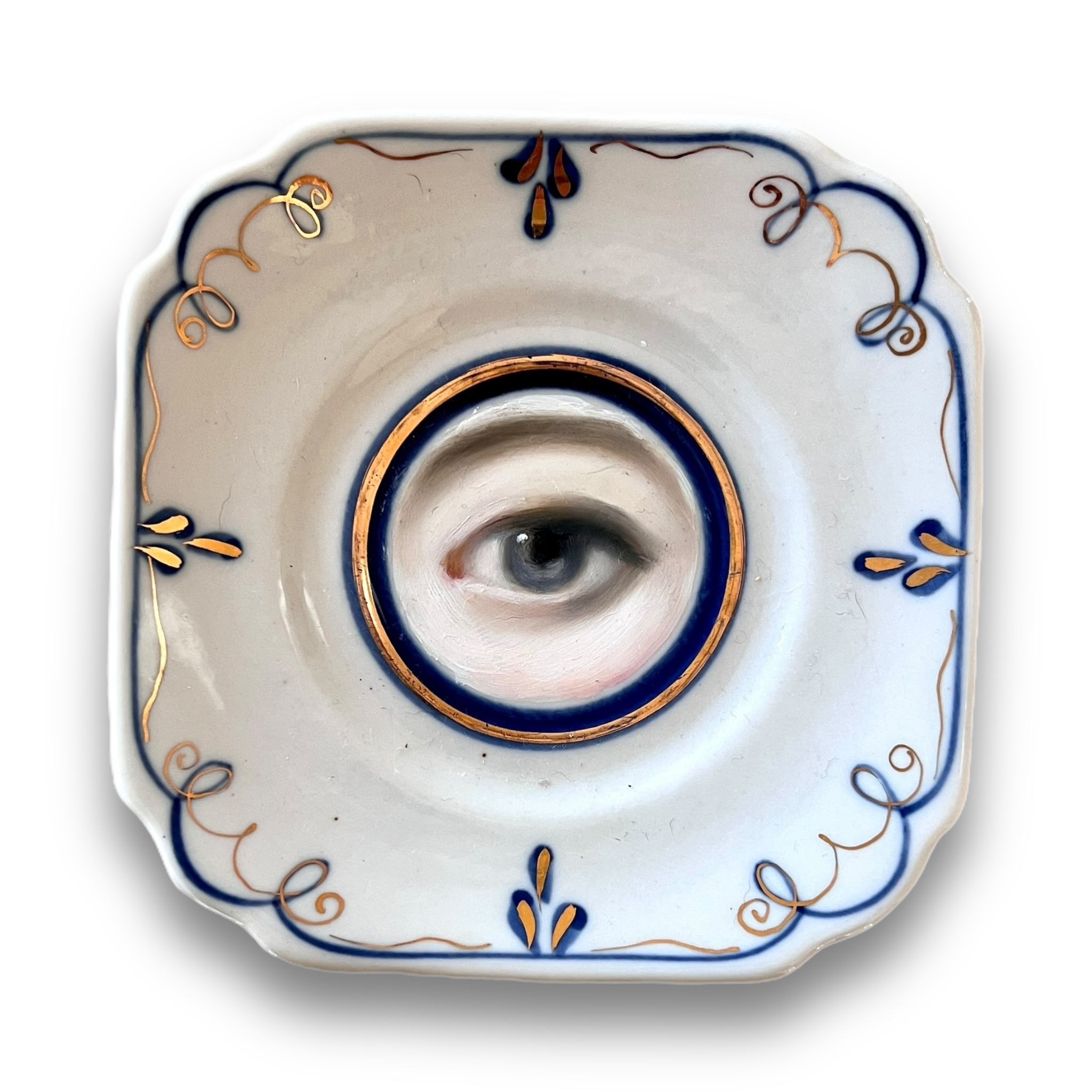 No. 3079 Lover's Eye Painting on a Blue, White, & Gilt Plate