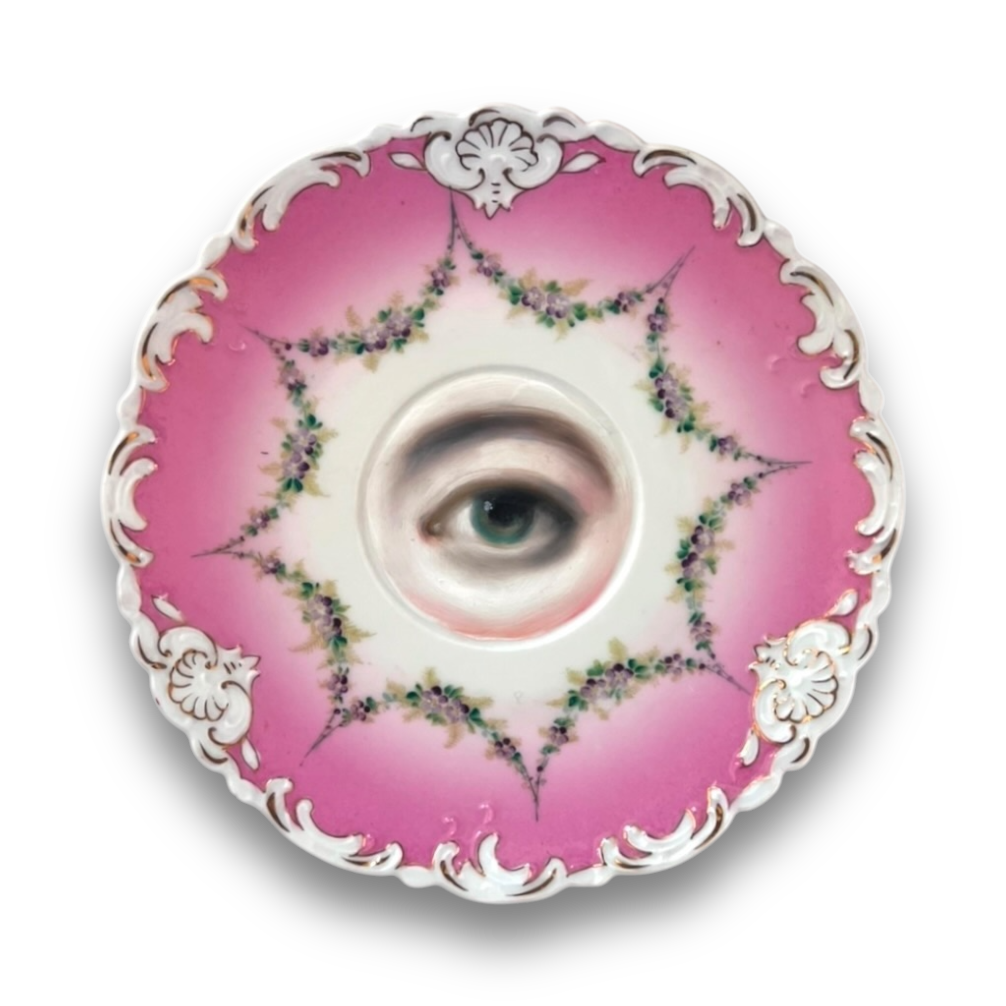 No. 2838 Lover's Eye Painting on a Pink Floral Garland Plate