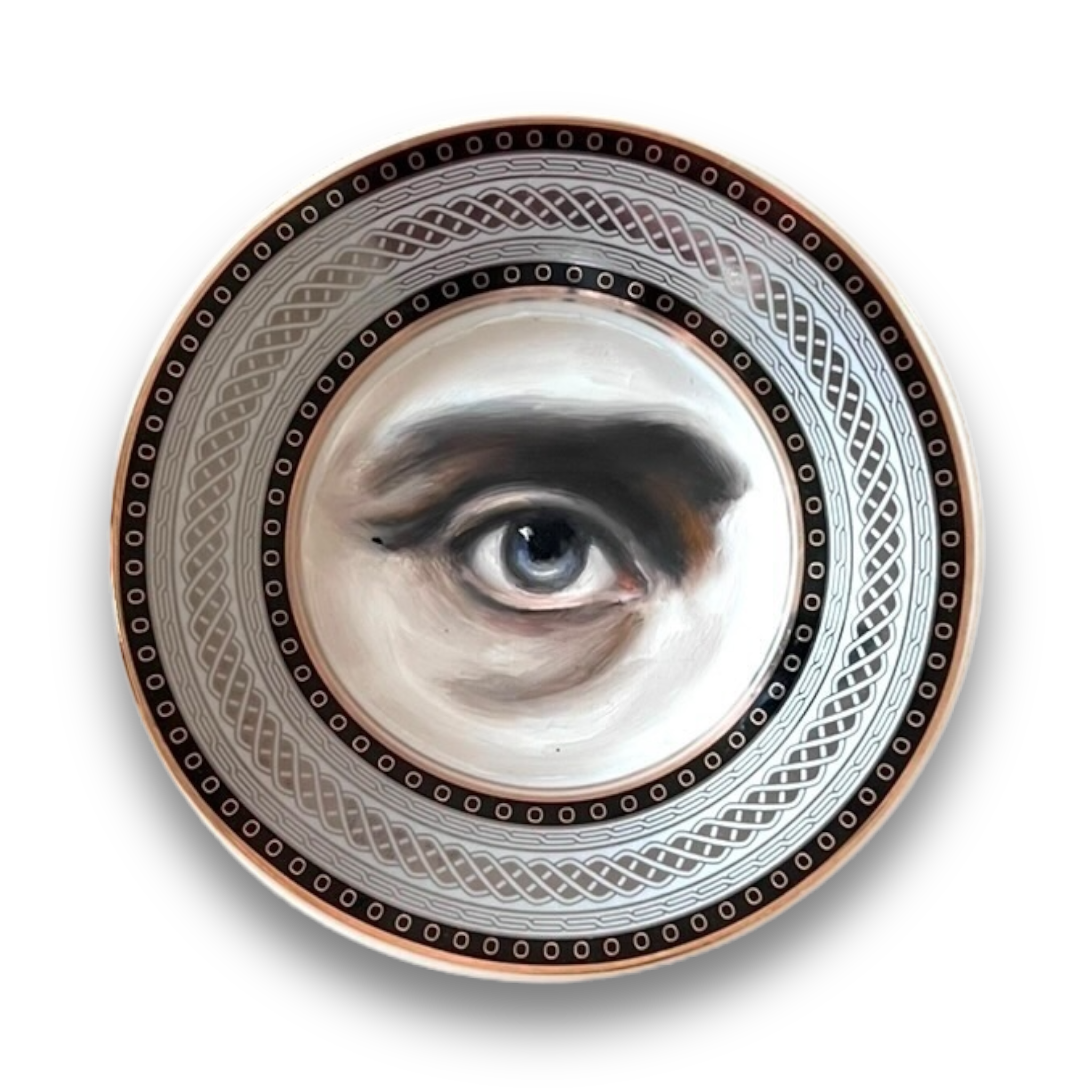 No. 2907 Lover's Eye Painting of Edgar Allan Poe on a Black, Silver, & Gold Plate