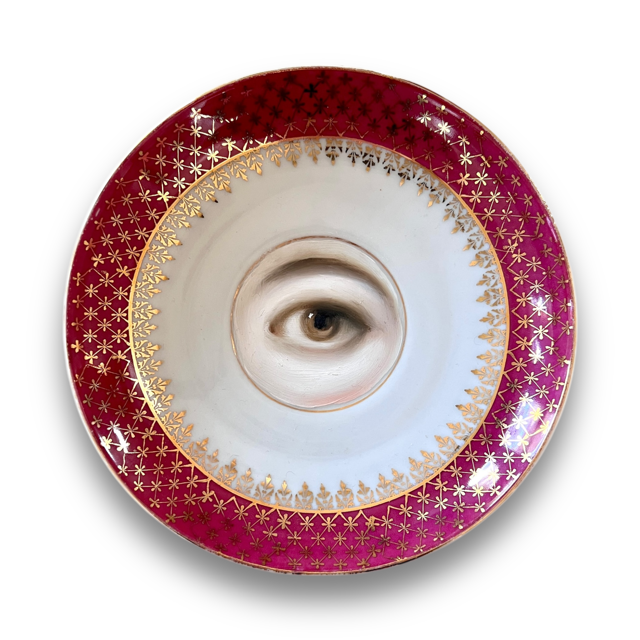 No. 3088 Lover's Eye Painting on a Magenta & Gilt Plate