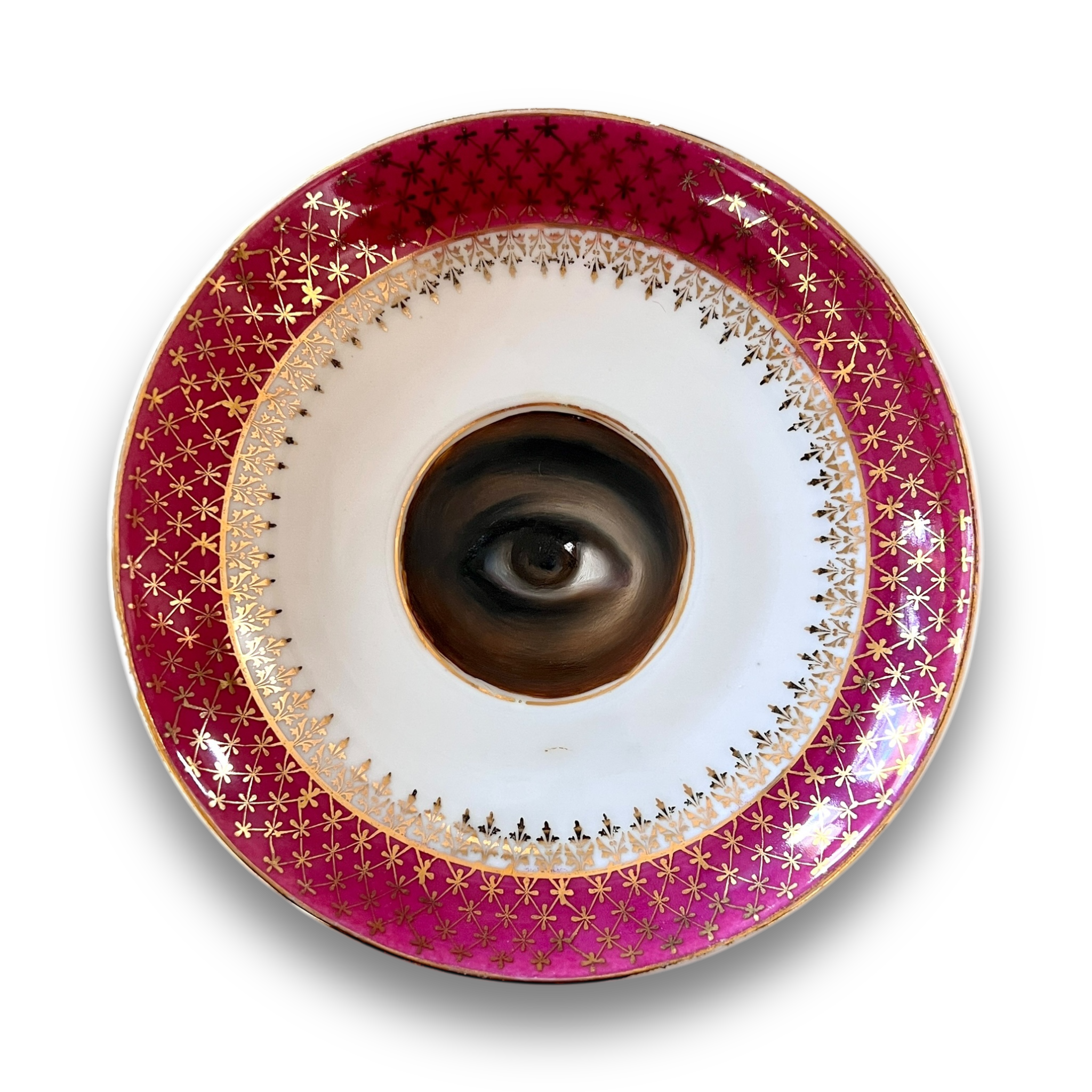 No. 3089 Lover's Eye Painting on a Magenta & Gilt Plate