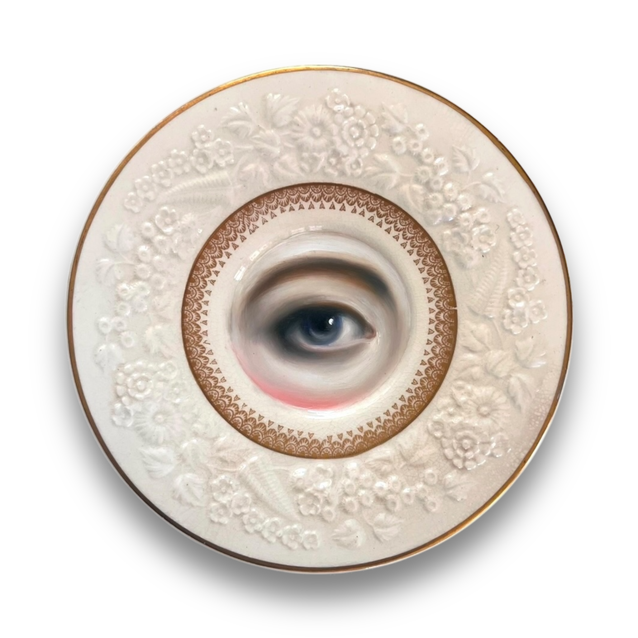 No. 2828 Lover's Eye Painting on an English "Rhapsody" Gold & Cream Plate