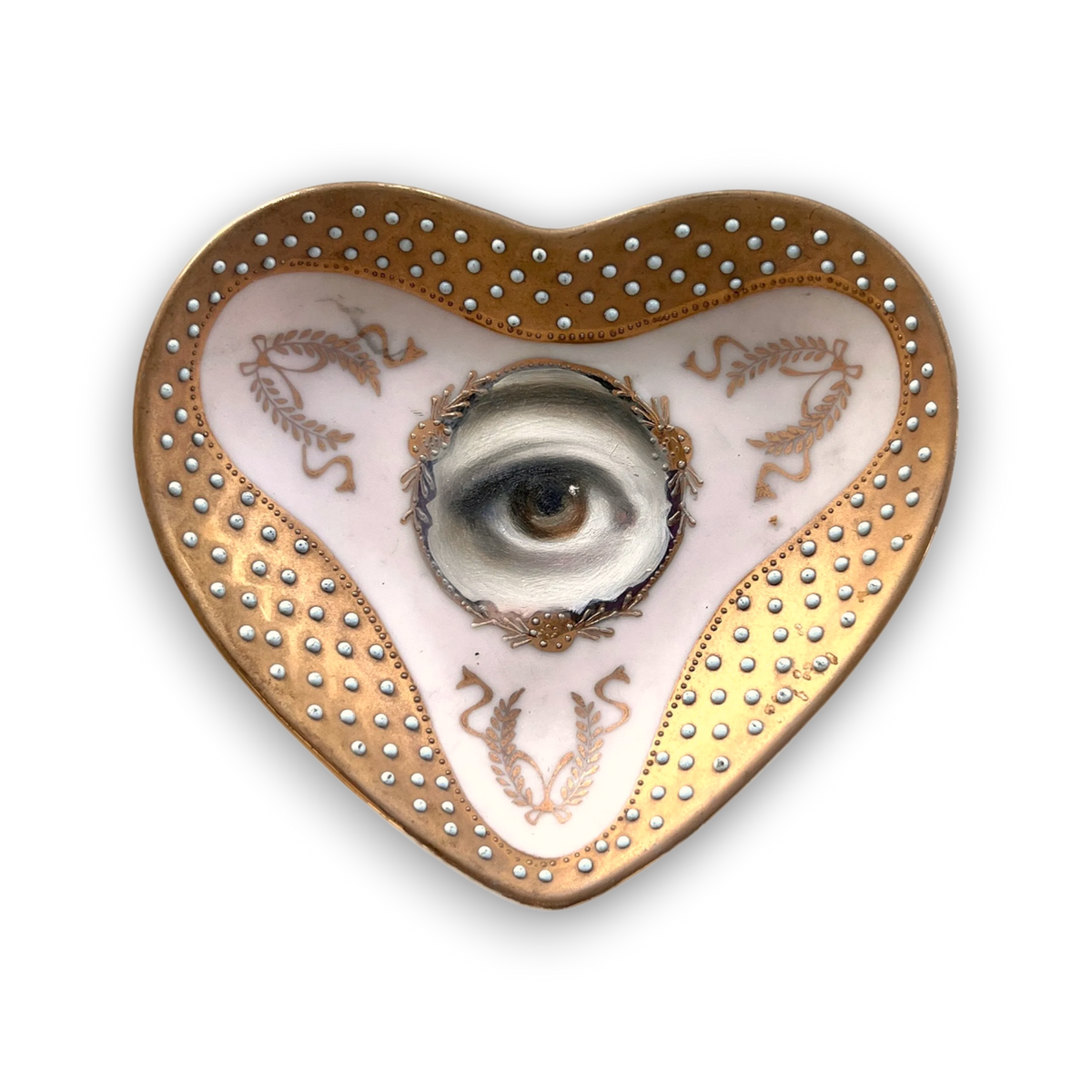 No. 3870 Lover’s Eye Painting on a Pink & Gold Heart Dish