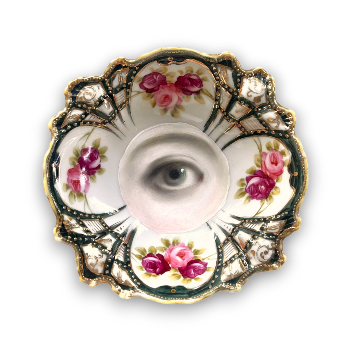 No. 3873 Lover’s Eye Painting on a Green Bowl with Pink Roses