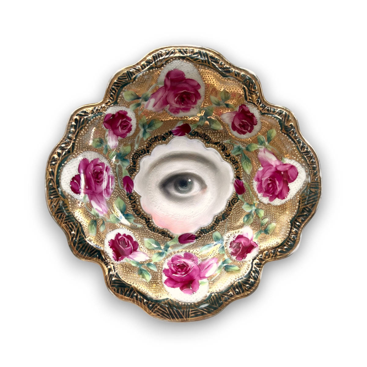 No. 3874 Lover’s Eye Painting on a Gold & Pink Roses Dish