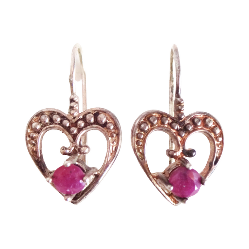 Vintage Garnet and Sterling Silver Heart Dangle Earrings