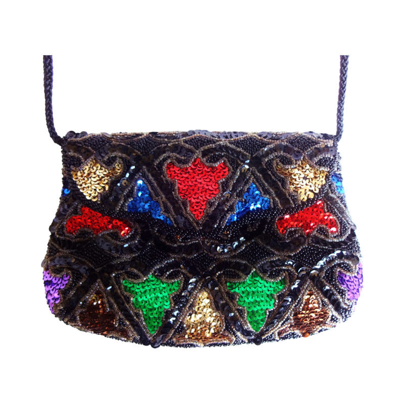 Vintage Black and Multicolored Beaded and Sequined Purse / Handbag / Evening Bag with Black Cord Strap 1980s