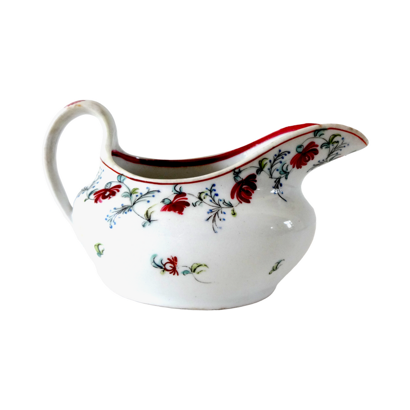 Antique c. 1790-1810 New Hall Creamware Porcelain Small Pitcher / Creamer / Sauce Gravy Boat w/ Red & Blue Flowers