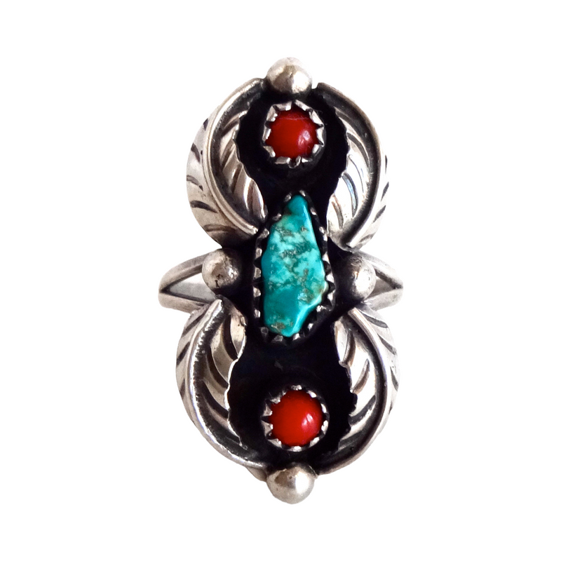 Vintage Signed Turquoise, Coral, and Sterling Silver Navaho Ring