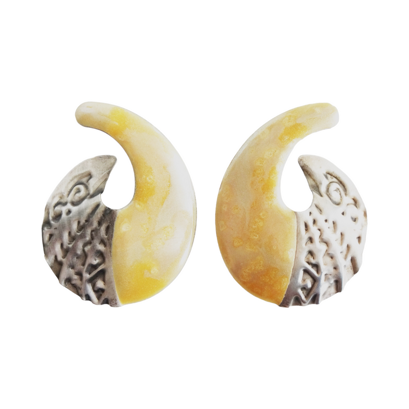 Vintage Gold Enamel Pierced and Embossed Metal Hoop-Style Earrings