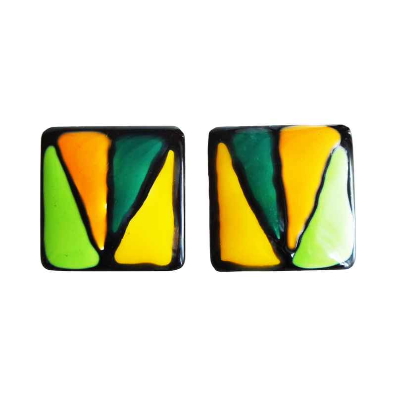 Vintage Colorful Ceramic Enamel Geometric Square Pierced Statement Earrings