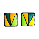 Vintage Colorful Ceramic Enamel Geometric Square Pierced Statement Earrings