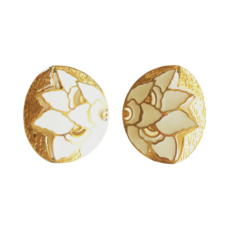 Vintage Textured Gold Metal and Cream Enamel Floral Large Button Statement Pierced Earrings