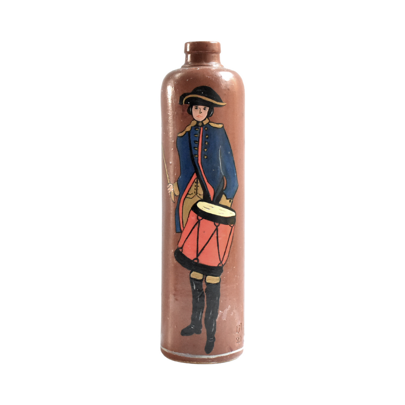 Antique Brown Stoneware Gin Bottle With Painted Revolutionary Soldier