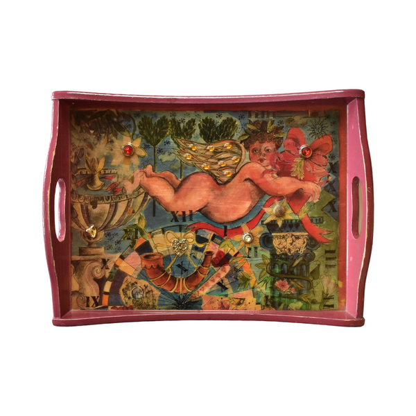 Embellished Decoupage Art Tray With Cupid