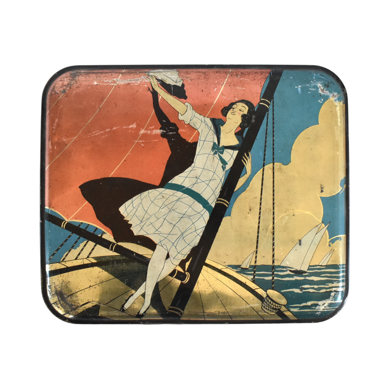 Antique 1920s Art Deco French Tole Metal Bonbon Box With Girl on a Sailboat