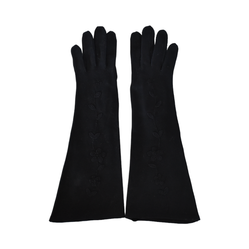 Pair of Vintage French Black Long Gloves with Floral Appliques