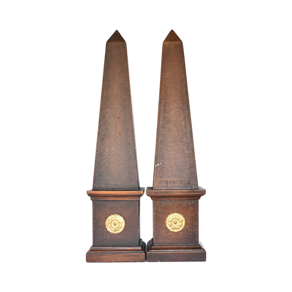 Large Theodore Alexander Brown Leather & Wood Obelisks - a Pair