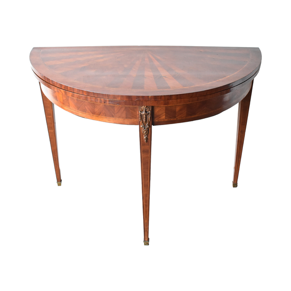 Antique French Louis XVI-Style Marquetry & Ormolu Flip-Top Demilune Card Table