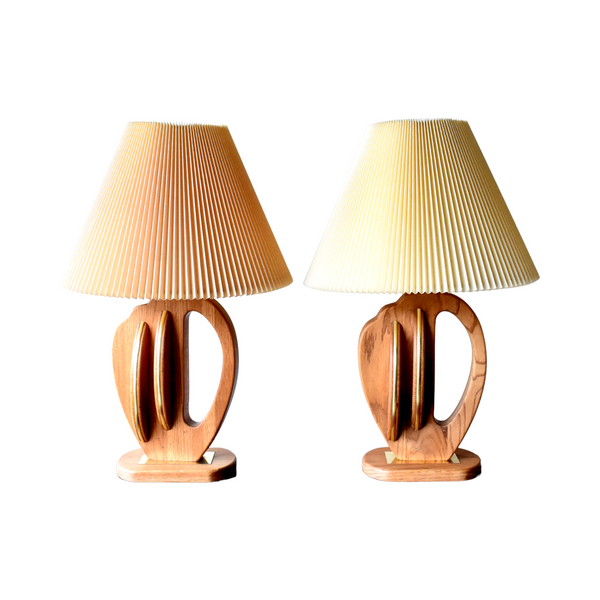 Mid-Century Modern Sculptural Oak Wood Table Lamps - a Pair