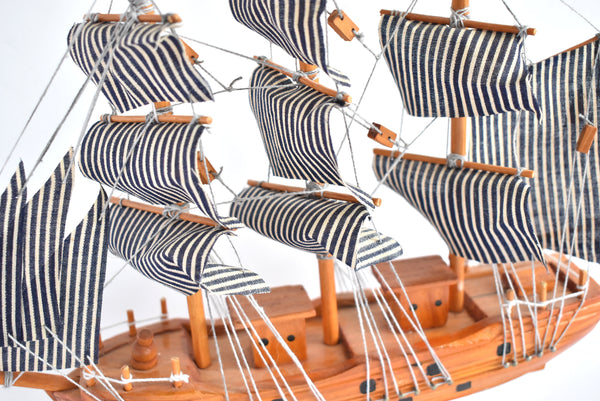 Vintage Model Ship With Striped Sails