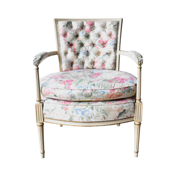 Vintage Louis XVI Floral Chintz Bergere Armchair