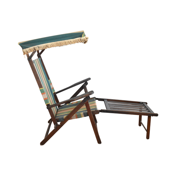 Antique Folding Striped Lawn Chair With Canopy