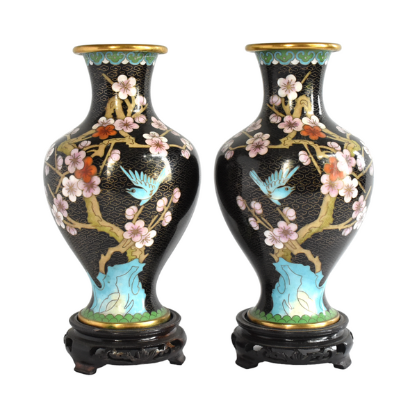 Vintage Mid 20th Century Cloisonne Cherry Blossom Vases With Stands