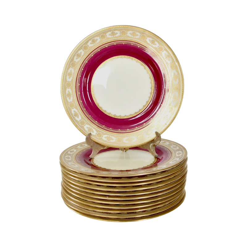 Set of 12 20th-Century English Mintons Magenta and Gold Dinner Plates