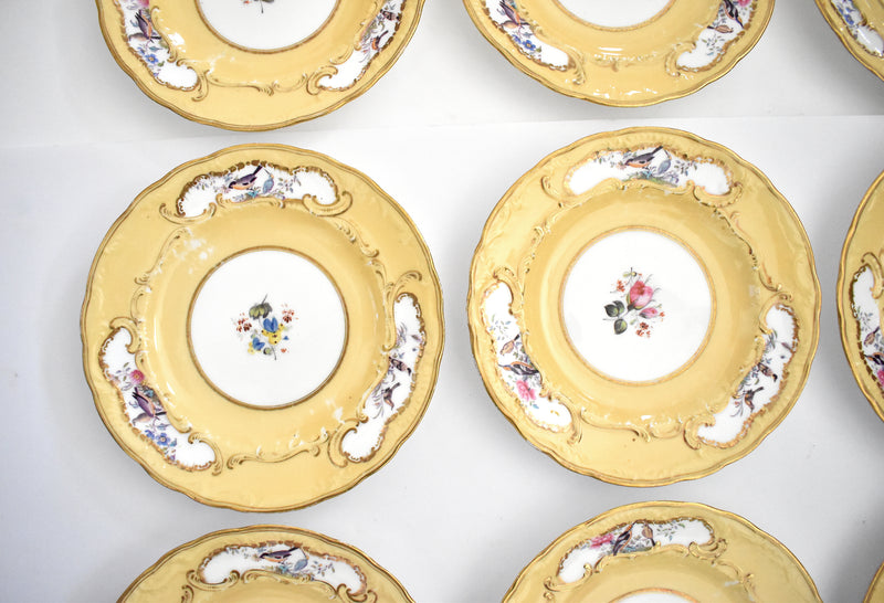Set of 9 Hand-Painted Sevres-Style Porcelain Small Plates With Flowers & Birds