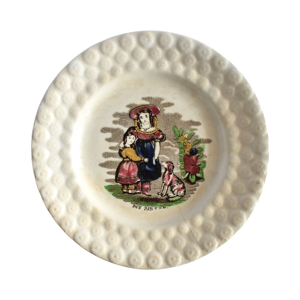 Antique c. 1830s 19th-Century Victorian Embossed Pearlware Small Dessert Plate with Two Girls and a Dog "My Sister"