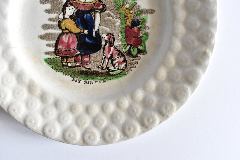 Antique c. 1830s 19th-Century Victorian Embossed Pearlware Small Dessert Plate with Two Girls and a Dog "My Sister"