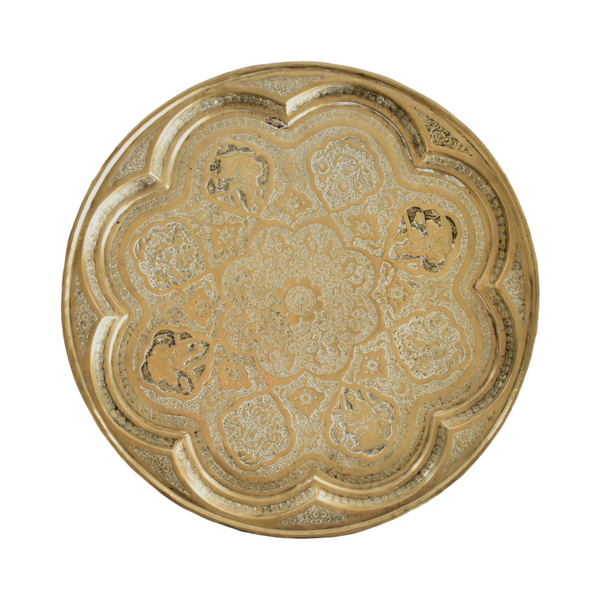 Antique Early-20th-Century Indo-Persian Hammered Brass Round Tray