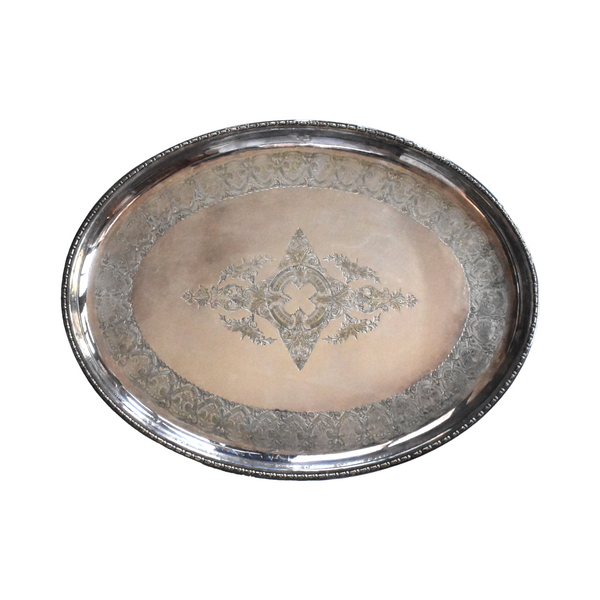 Victorian Engraved Silver Plate Large Oval Serving Tray