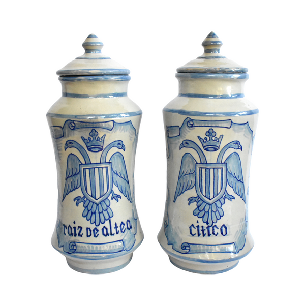 Pair of Blue and White Spanish Apothecary Alberelos Jars
