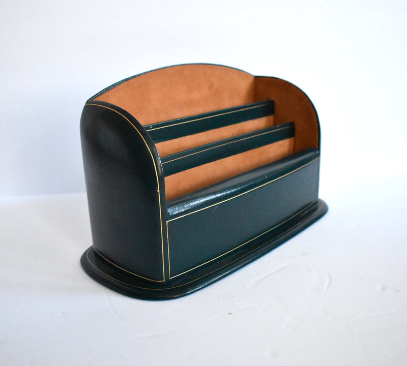 Vintage Italian Green Leather Desk Set - Document Holder, Ashtray, and Letter Holder