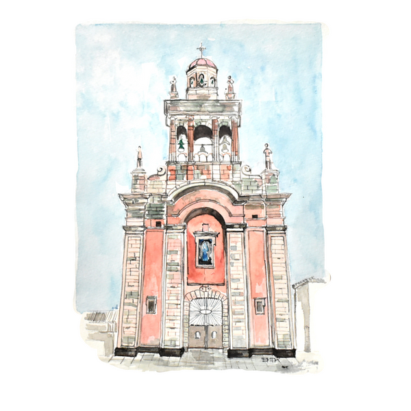 Vintage Mid-Century Signed Architectural Watercolor Painting of Pink Cathedral