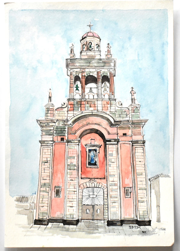 Vintage Mid-Century Signed Architectural Watercolor Painting of Pink Cathedral