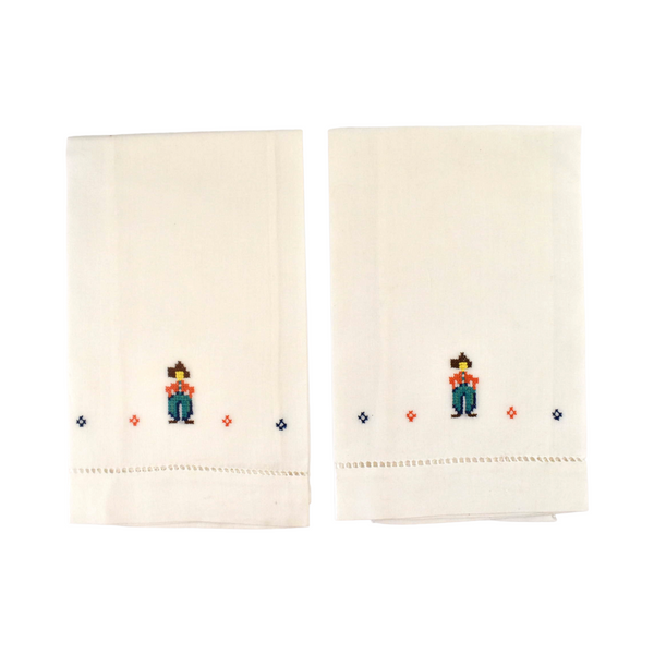 Pair of Vintage c. 1940s-1950s Cowboys Cross-Stitch Linen Hand Towels