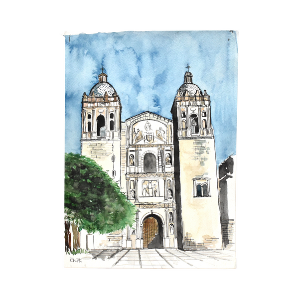 Vintage Mid-Century Signed Architectural Watercolor Painting of a Cathedral with Rotunda Spires