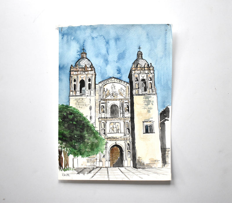 Vintage Mid-Century Signed Architectural Watercolor Painting of a Cathedral with Rotunda Spires