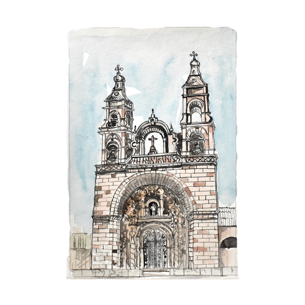 Vintage Mid-Century Signed Architectural Watercolor Painting of a Brick Cathedral
