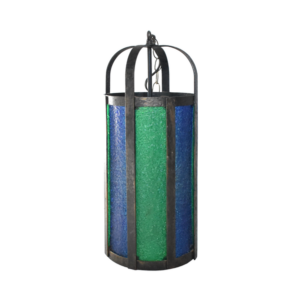 Mid-Century Wrought Iron Stained Glass Hanging Pendant Light