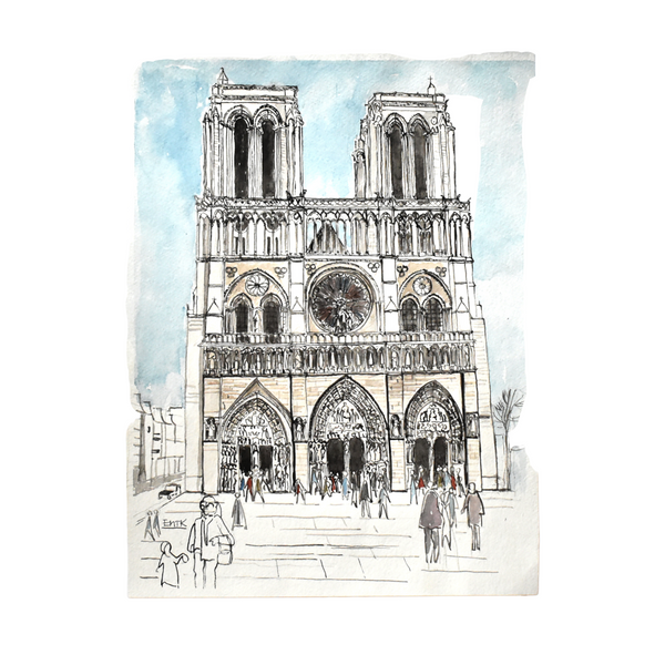 Vintage Mid-Century Signed Architectural Watercolor Painting of Notre Dame from the Front